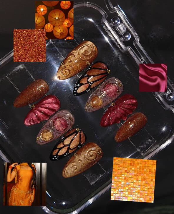 Monarch Butterfly & Abstract Press-On Nails | Handmade 3D Embellished Nail Set | Brown, Burgundy & Gold Glam Nails