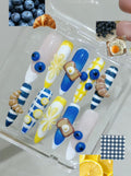 Blueberry Lemon Breakfast Press-On Nails | Blue & Yellow Food Nail Art | Croissant, Egg & Lemon 3D Nails | Gingham Kawaii Nails