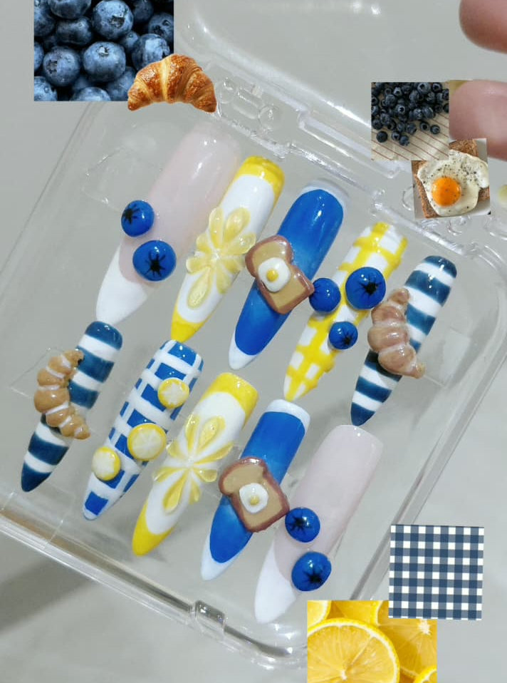 Blueberry Lemon Breakfast Press-On Nails | Blue & Yellow Food Nail Art | Croissant, Egg & Lemon 3D Nails | Gingham Kawaii Nails