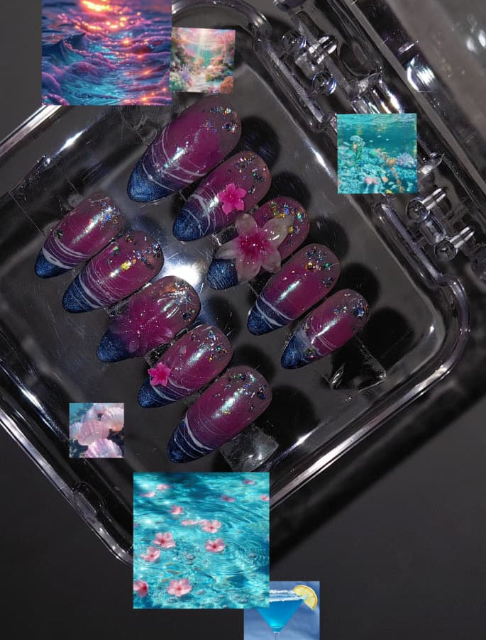 Blue Lagoon inspo 3D Press-On Nails | Pink & Blue Chrome Floral Nails | Handmade Glitter Cateye Nail Art