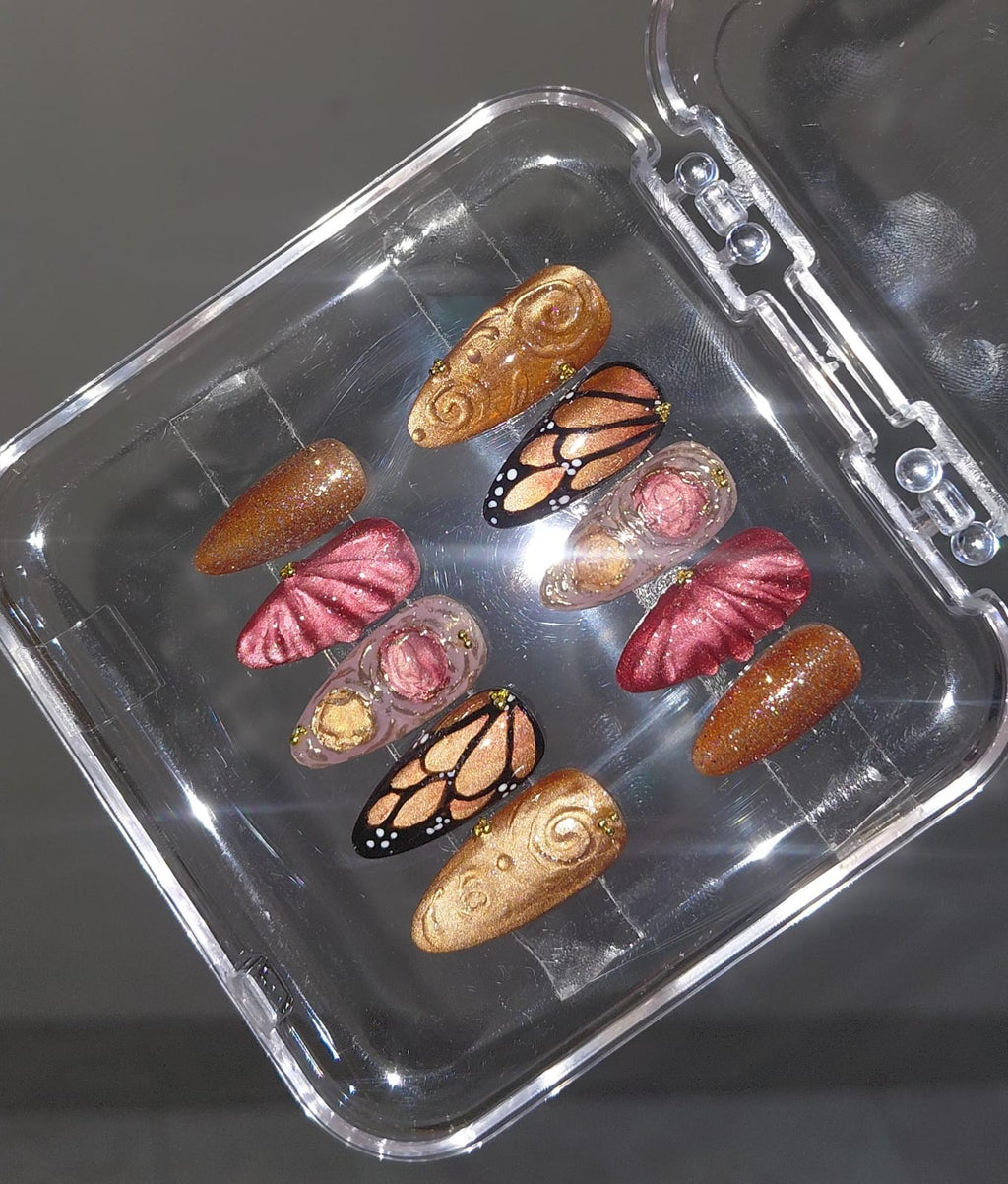 Monarch Butterfly & Abstract Press-On Nails | Handmade 3D Embellished Nail Set | Brown, Burgundy & Gold Glam Nails