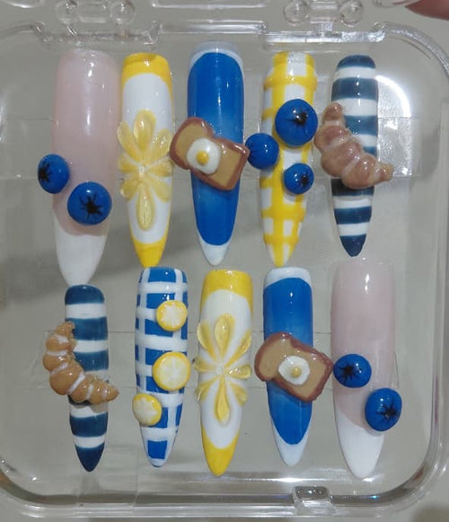 Blueberry Lemon Breakfast Press-On Nails | Blue & Yellow Food Nail Art | Croissant, Egg & Lemon 3D Nails | Gingham Kawaii Nails
