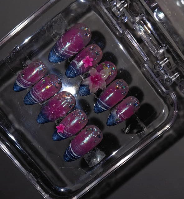 Blue Lagoon inspo 3D Press-On Nails | Pink & Blue Chrome Floral Nails | Handmade Glitter Cateye Nail Art