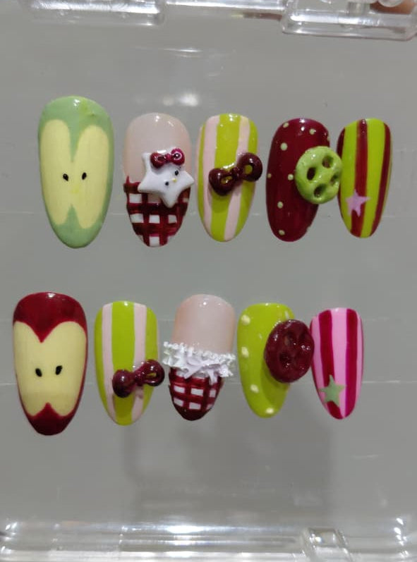 Green Apple & Cherry Press-On Nails | Cute Fruit Nail Art | 3D Bow & Kitty Nails | Red Green Pinterest nails