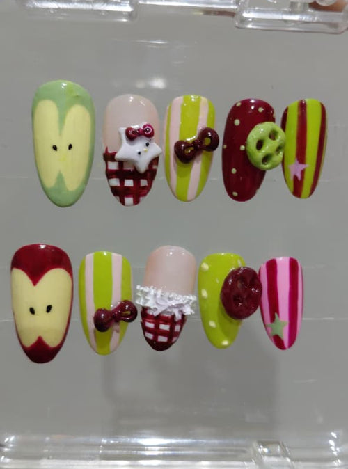 Green Apple & Cherry Press-On Nails | Cute Fruit Nail Art | 3D Bow & Kitty Nails | Red Green Pinterest nails