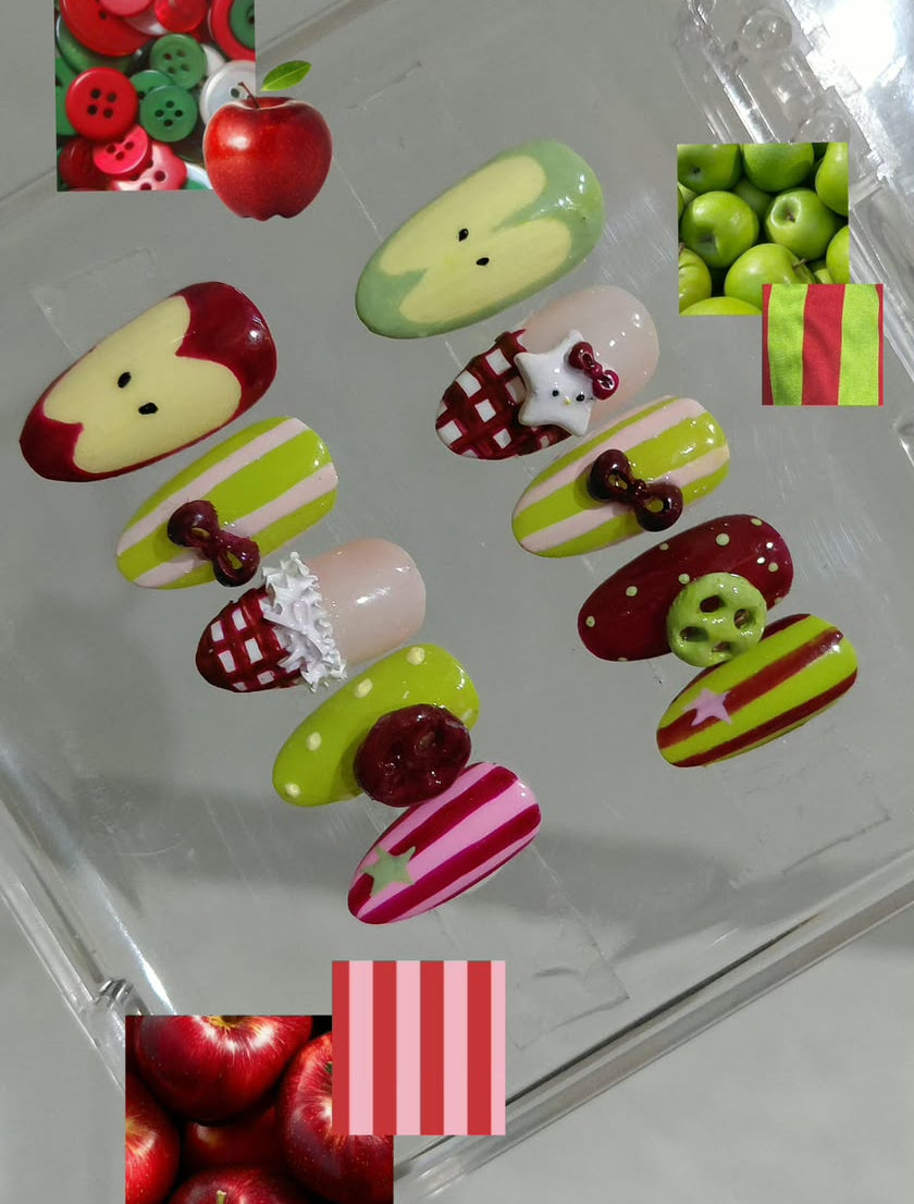 Green Apple & Cherry Press-On Nails | Cute Fruit Nail Art | 3D Bow & Kitty Nails | Red Green Pinterest nails